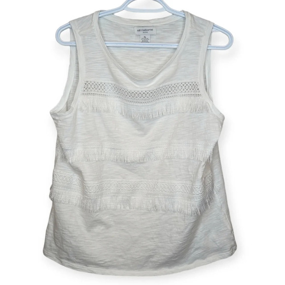Liz Claiborne Petite White Sleeveless Cotton Blend Fringed  Tank Top PL - Picture 1 of 5